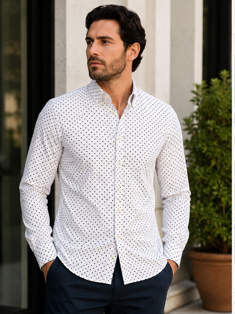 Nick Graham Men’s Slim Fit Polka Dot Dress Shirt White Black Medium (M/M) NWT
